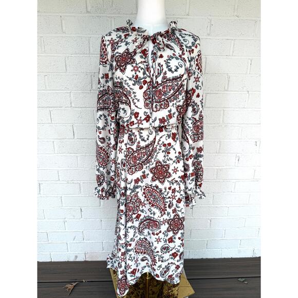 Banana Republic Paisley Print Tie Neck Dress Long Sleeve Boho Chic Midi Flowy 14 - Picture 1 of 10